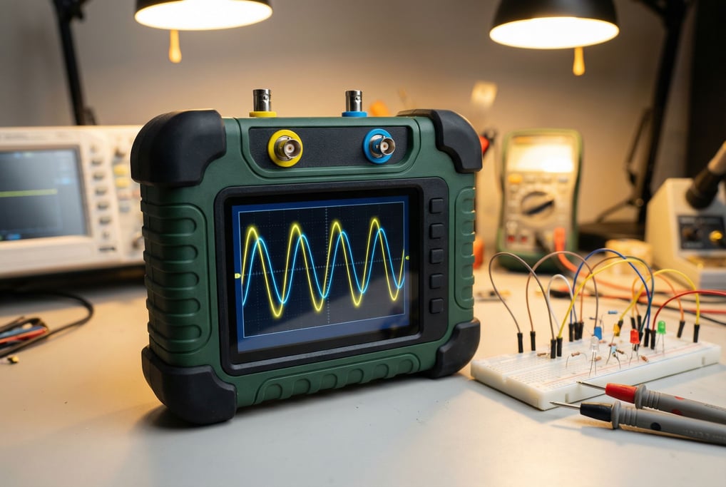 A concept portable oscilloscope with a 4-inch color display in a ruggedized matte dark green housing