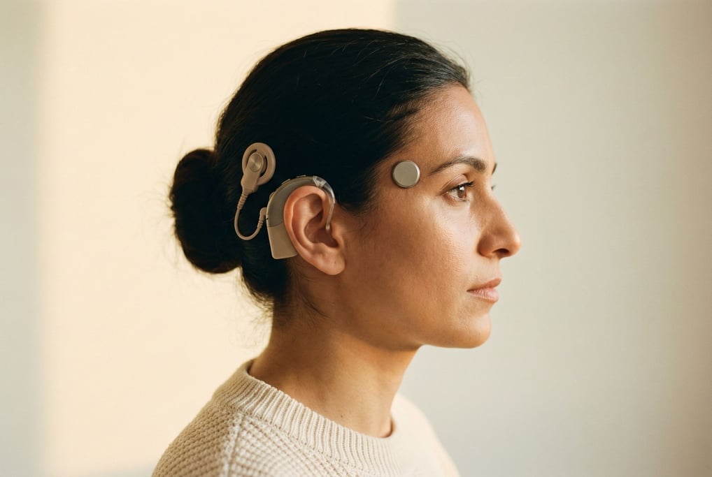 Behind her ear, brushed titanium and soft beige silicone: a cochlear implant processor