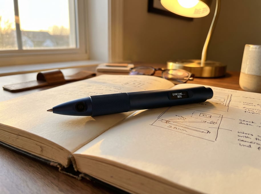 Warm afternoon sun hits a Moleskine-style notebook where a concept smart pen lies diagonally — thick barrel in matte dark blue aluminum