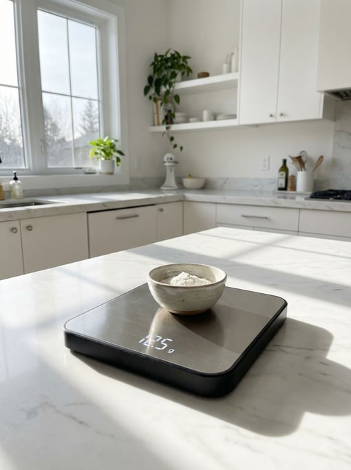 Bright morning light streams through a kitchen window onto a marble countertop where a concept precision scale sits — brushed stainless steel platform on matte black aluminum base