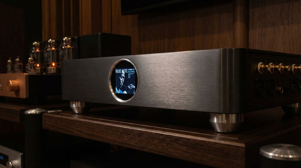 A concept audiophile network streamer in a low-profile chassis of brushed dark steel with a circular color display on the front showing album art