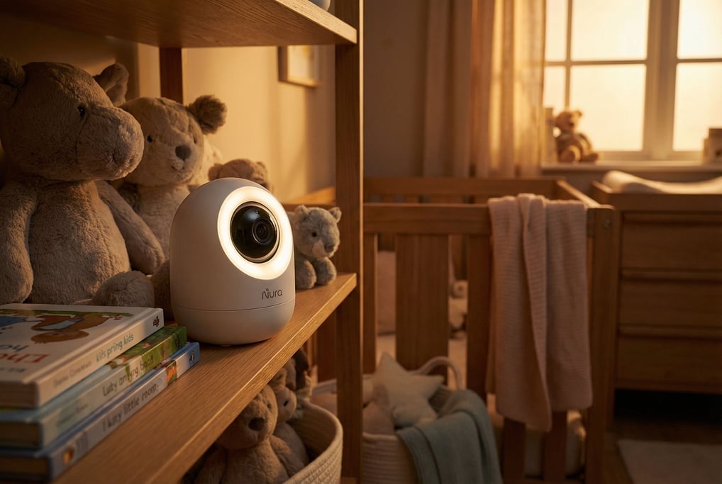 The warm glow of a baby monitor's ring light — soft warm white in nightlight mode — encircles a wide-angle lens set in a rounded matte white form