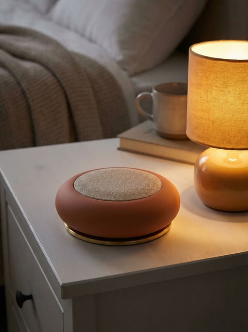 A concept portable white noise machine shaped like a smooth matte terracotta disc with a fabric-covered speaker surface on one side