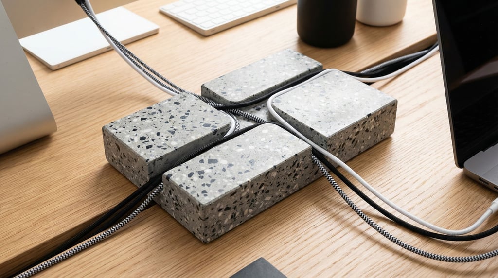 Rows of cable channels carved into smooth grey concrete guide black and white cables across a desk surface — a concept cable management hub