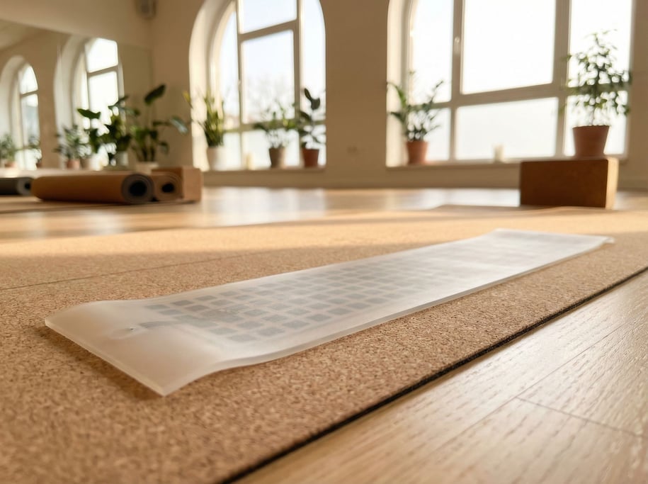 A concept smart yoga mat sensor strip in flexible translucent silicone lies flat on a rolled-out cork yoga mat