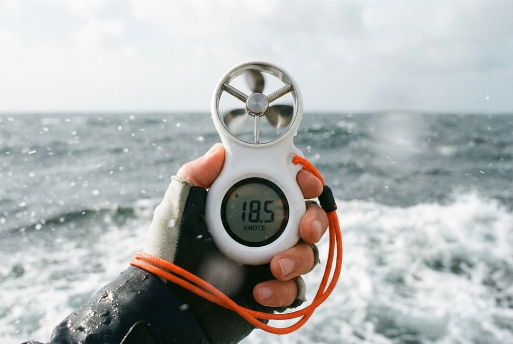 A concept handheld anemometer for sailing in waterproof white polycarbonate with a three-cup rotor in polished steel on top