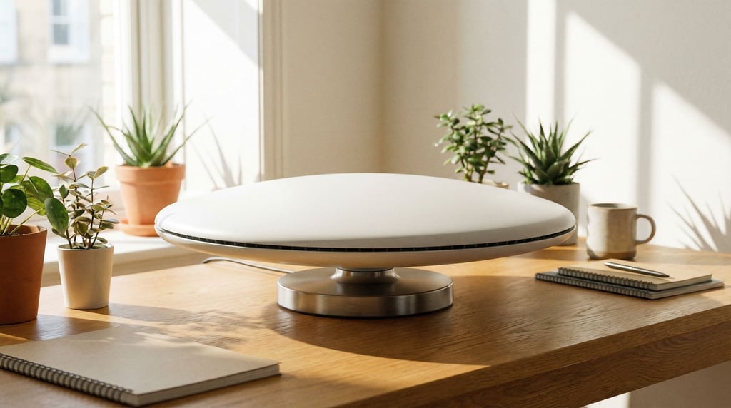 A concept desktop fan in the Dyson bladeless style but using a flat disc form instead of a ring