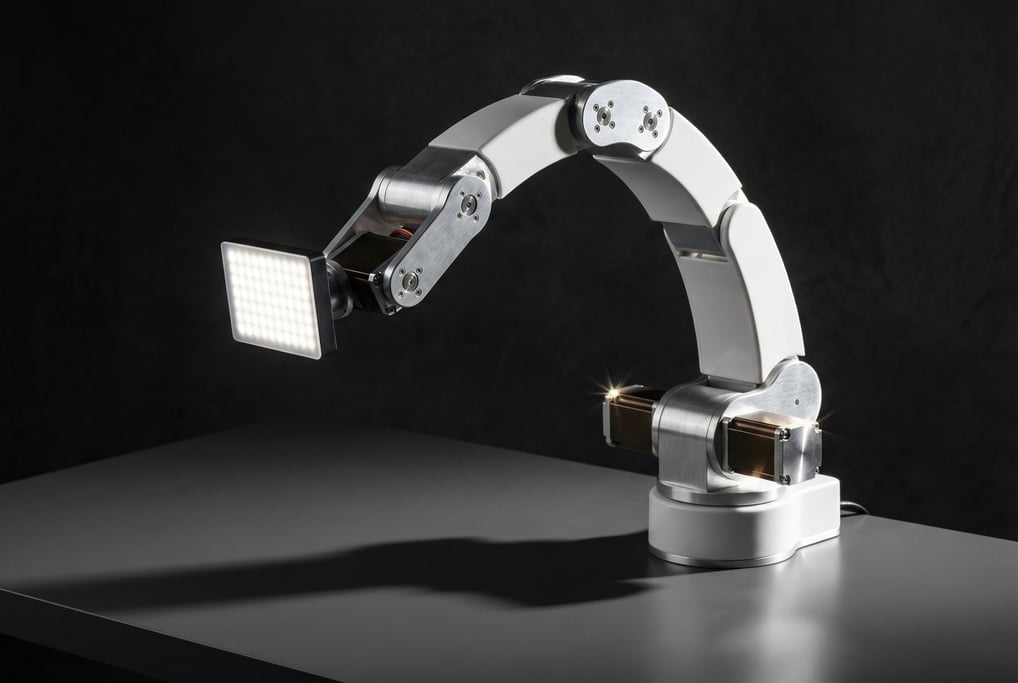 A concept robotic desktop arm holds a small LED panel — white polycarbonate segments connected by brushed aluminum joints with visible servo housings