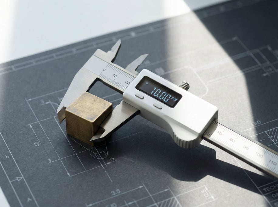 Soft diffused daylight fills the frame as a concept digital caliper in matte white anodized aluminum and brushed titanium measures a small brass cube