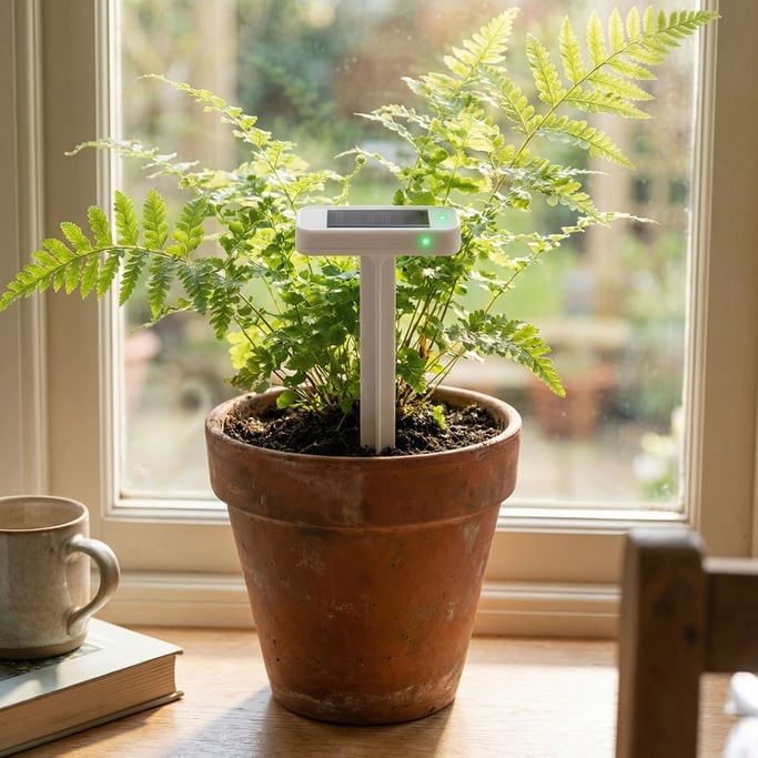 A concept smart plant sensor — thin white polycarbonate spike — emerges from the soil of a terracotta pot holding a small fern