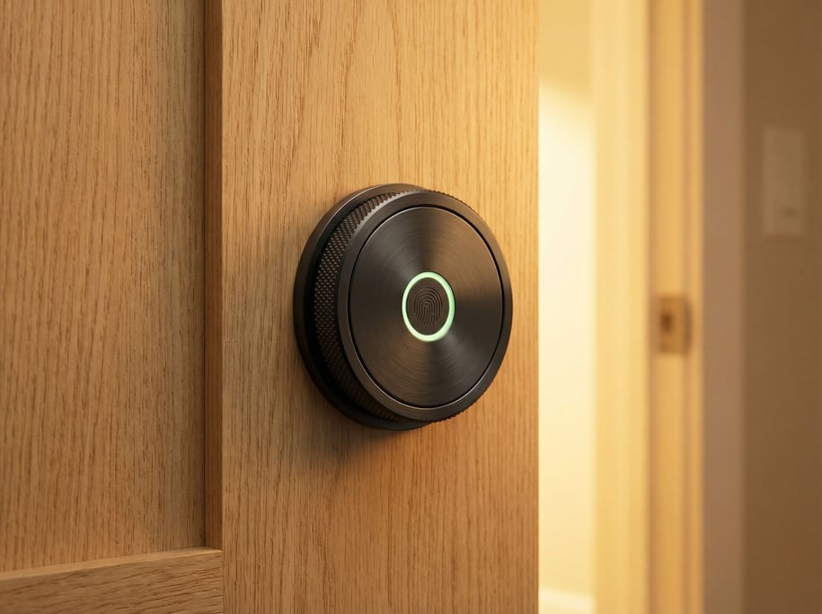 A concept smart lock in a round form factor with a brushed black stainless steel faceplate and a rotating bezel with knurled grip edge for manual override