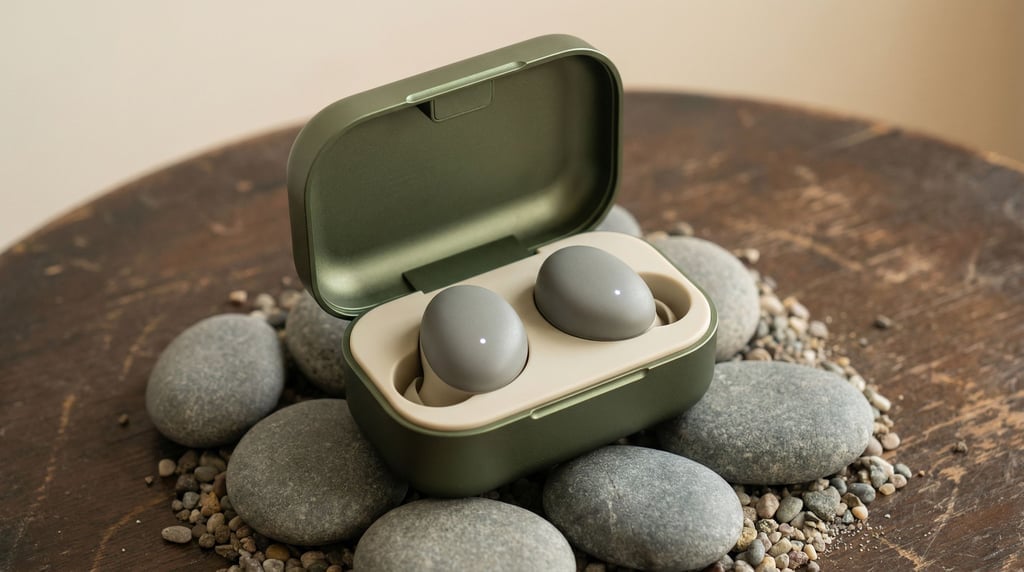 The olive green aluminum case opens to reveal concept wireless earbuds nestled in cream silicone cradles