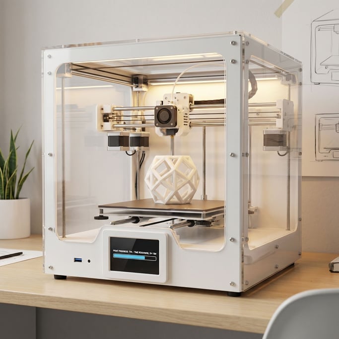 A concept desktop 3D printer with a transparent acrylic enclosure showing the print mechanism inside