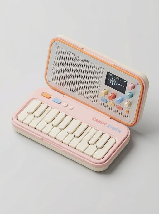 A concept clamshell portable synthesizer opens to show a two-octave micro keyboard in cream white rubberized keys on the bottom half