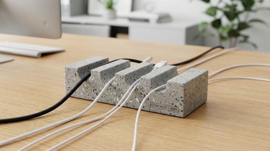 A concept cable management hub shaped like a smooth grey concrete block with four semicircular channels carved into the top surface to guide and organize cables