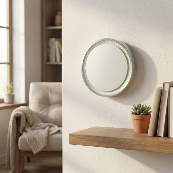 Mounted on a white plaster wall above a shelf with a small plant