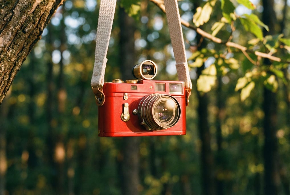 A candy red enamel camera hangs by a woven cotton strap from a tree branch