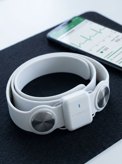 A concept wearable ECG monitor as a chest strap in medical white silicone with two brushed stainless steel electrode pads