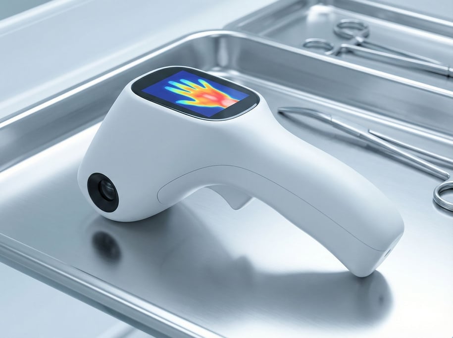 Ergonomic matte white housing curves into a trigger grip — a concept handheld thermal scanner with a small thermal imaging sensor lens in black and a 2-inch color display showing a gradient heat map