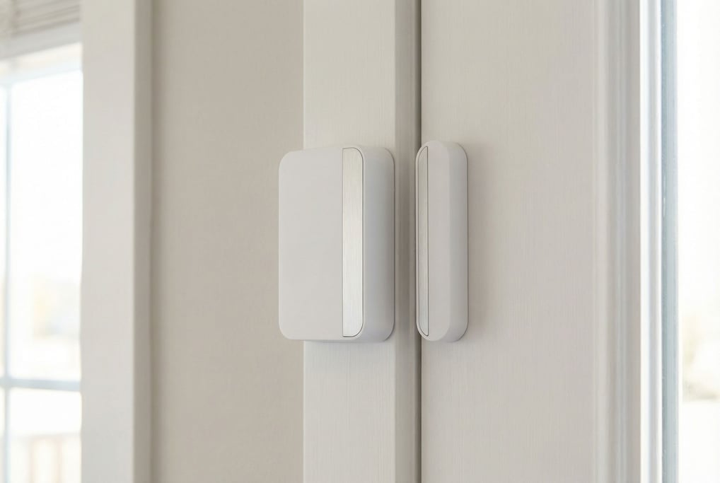 A concept smart door sensor in two pieces — a thin magnet in white and a sensor module in white — both with rounded rectangular profiles and a brushed aluminum accent strip