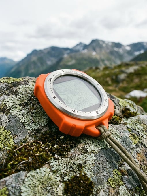 Bright outdoor daylight illuminates a concept standalone GPS navigator on a lichen-covered rock