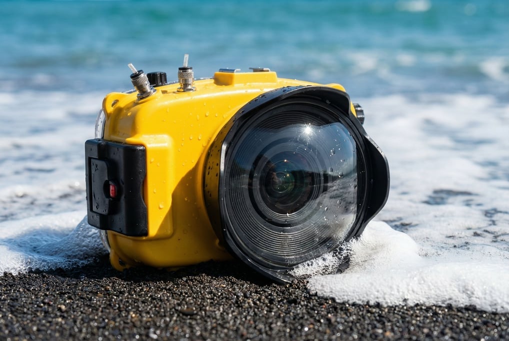 The yellow body of a concept underwater camera sits on wet black volcanic sand