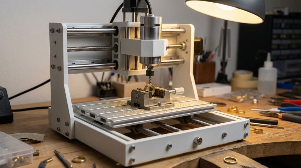 A desktop CNC mill scaled for jewelry making: matte white powder-coated steel frame with polished linear rails
