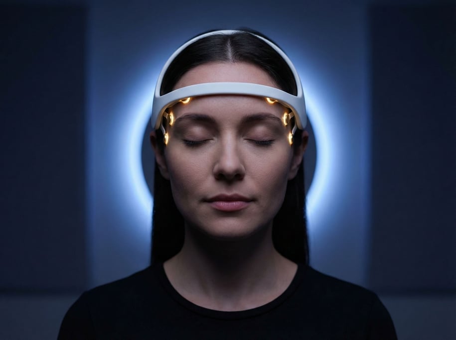Soft blue backlight creates a halo around a woman wearing a concept neural-interface headband in flexible matte white polymer