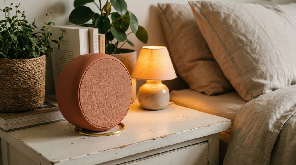 Earthy and calming: a portable white noise machine shaped like a smooth matte terracotta disc with a fabric-covered speaker on one side