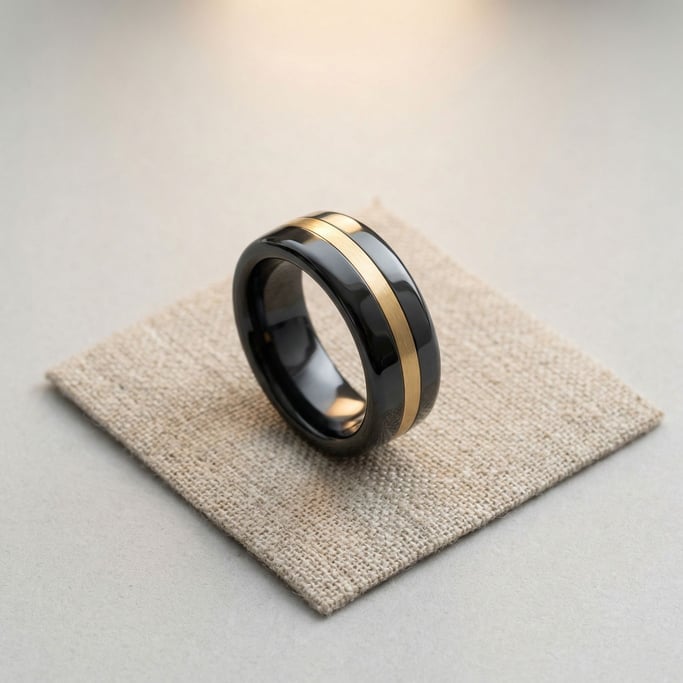 A concept smart ring for contactless payment in polished black ceramic with a hairline gold stripe inlay around the circumference
