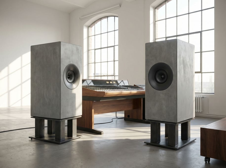 Natural morning light fills an open-plan room where a concept pair of studio reference monitors in cast concrete sit on black steel stands flanking a mixing desk