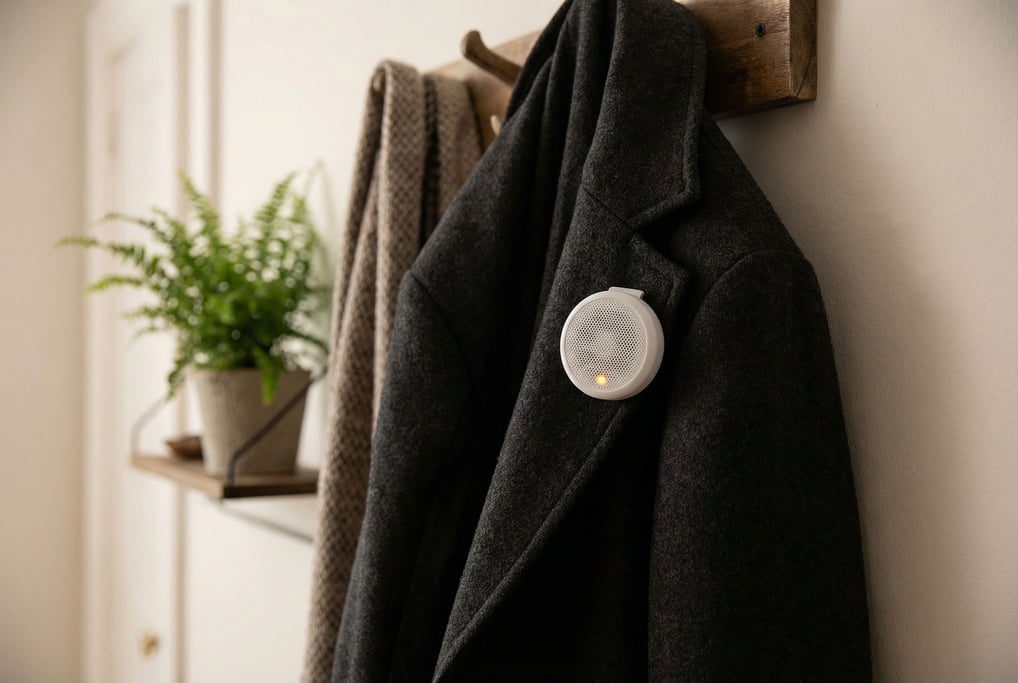 A concept wearable air quality badge in the shape of a small disc that clips to clothing