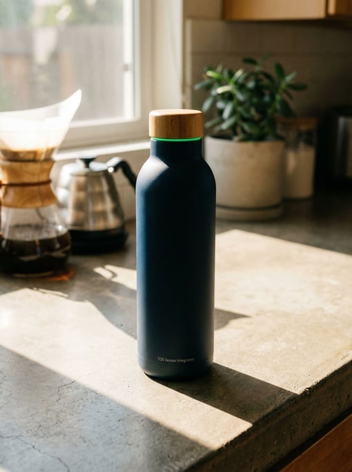 An integrated TDS sensor makes this smart water bottle more than it appears — double-walled stainless steel in matte midnight blue with a bamboo screw cap