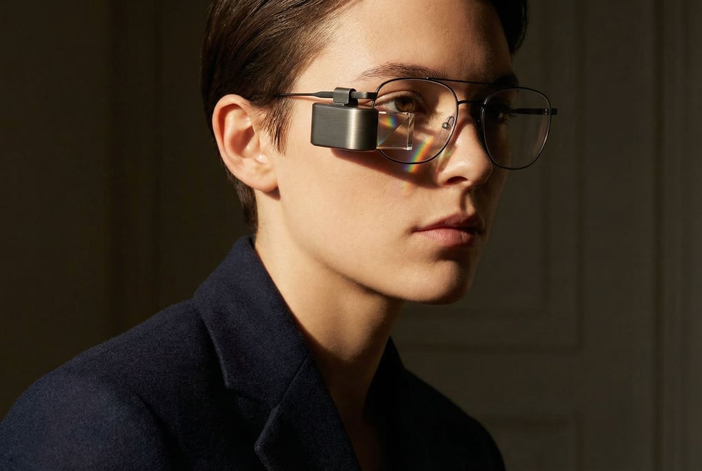 A single-eye AR monocle clips to thin wireframe glasses — small transparent prism with micro-projector housing in brushed dark silver
