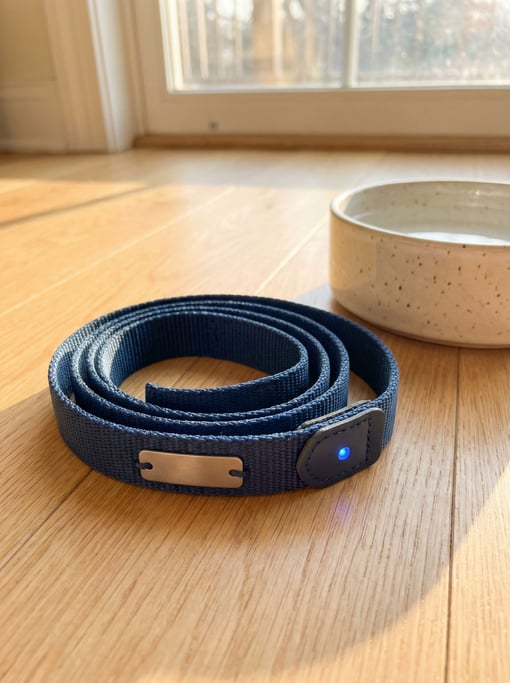 A concept smart collar for pets in soft navy blue nylon webbing with a small anodized titanium tag housing containing GPS and activity tracking
