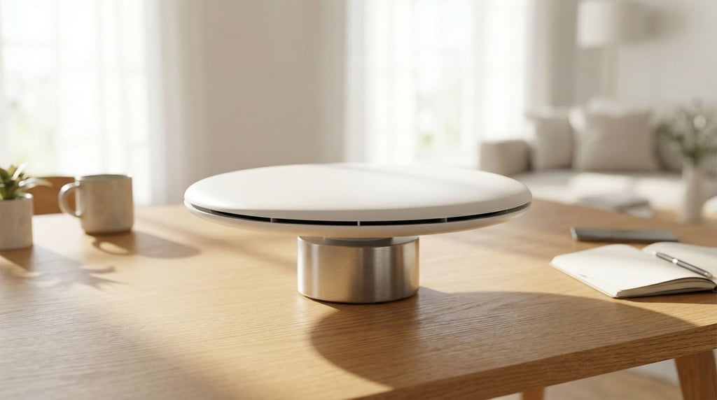 A concept desktop fan sits on warm oak in a bright sunlit room — flat disc form in matte white ABS with a weighted brushed steel base