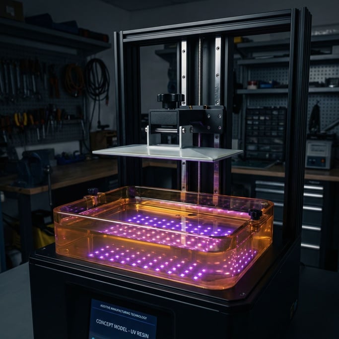 A concept UV resin 3D printer with a transparent amber-tinted vat showing the resin surface