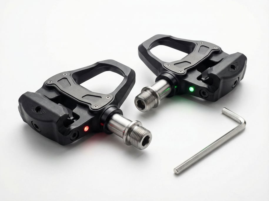 A concept pair of cycling power meter pedals in matte black aluminum with polished steel spindles