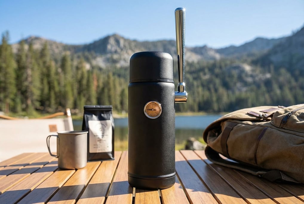 A concept portable espresso machine in a cylindrical form like a large thermos