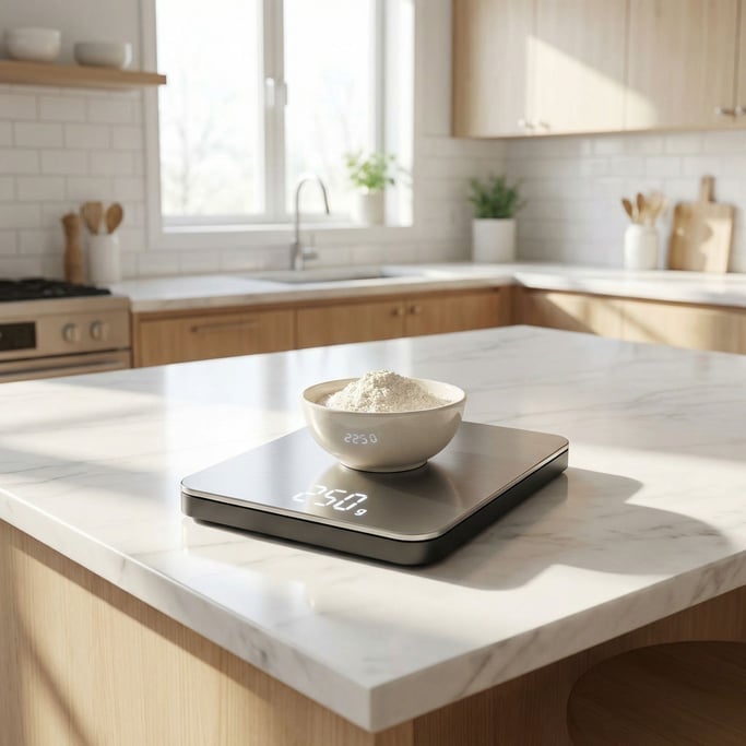 Bright airy kitchen daylight floods a marble countertop where a concept precision kitchen scale sits — brushed stainless steel platform