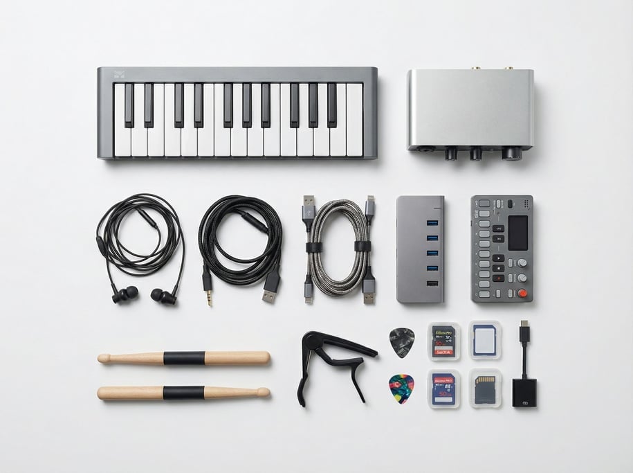 A flat-lay knolling of a concept electronic music production kit on white background: a small MIDI keyboard
