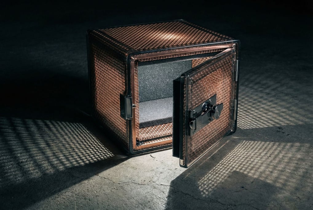 The copper mesh of a Faraday cage safe — visible through clear hard coat — catches hard directional light that throws dramatic shadows across the concrete surface beneath