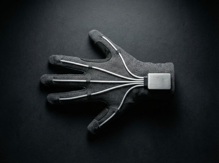 A concept haptic feedback glove for VR in thin dark grey technical fabric with exo-tendon actuators running along each finger as thin cables in white polymer channels