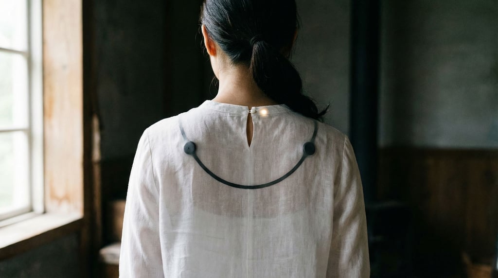 A thin curved band across a woman's upper back — a concept posture-correcting wearable visible through a sheer white blouse
