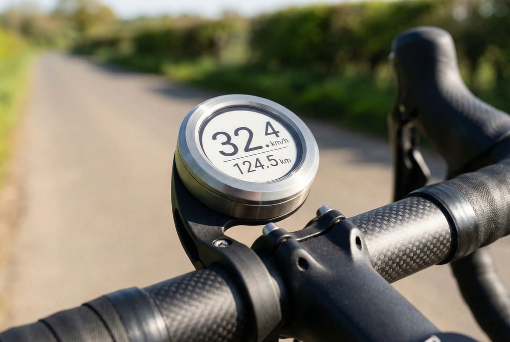 A concept bicycle computer with a round e-ink display in a machined titanium case