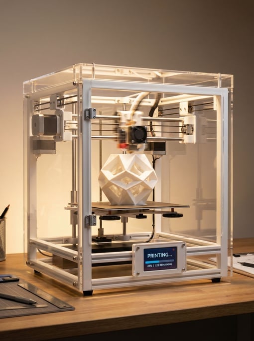A concept 3D printer with transparent acrylic enclosure reveals its print mechanism mid-work — a partially completed geometric sculpture in white PLA growing on the build plate