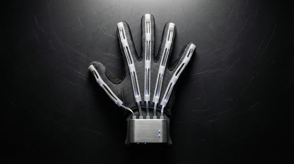 A concept haptic VR glove lies flat on a dark surface