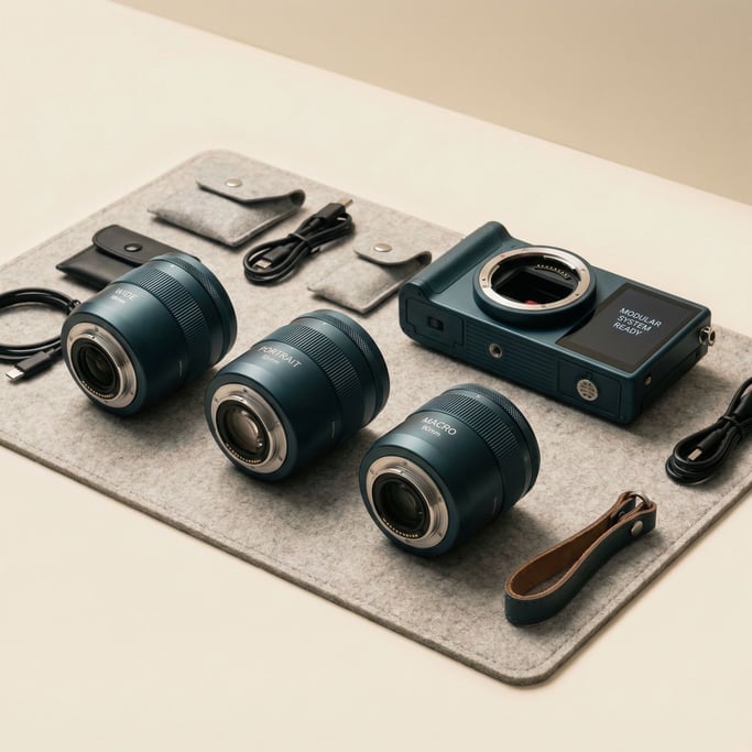 A concept modular camera system showing three interchangeable lens modules in a row — a wide-angle