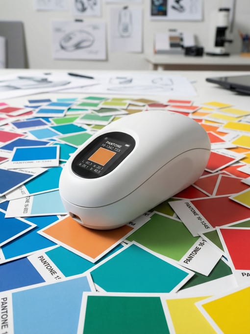A smooth white device shaped like a computer mouse rests on a spread of Pantone color chips — a concept handheld colorimeter for designers