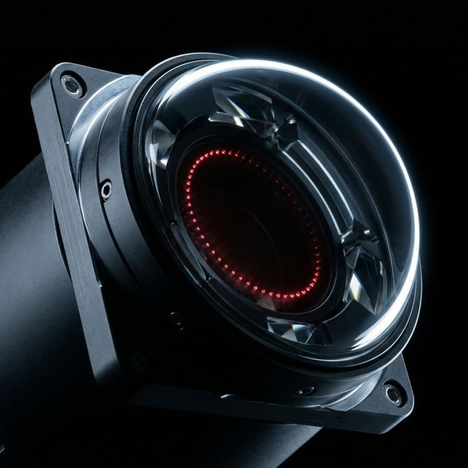 Spinning prism behind a clear protective dome: a concept LIDAR scanner module in extreme close-up